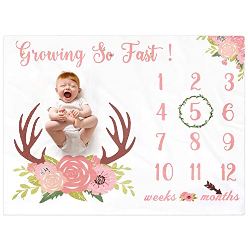 Image of Eunikroko Baby Monthly Milestone Blanket for Girls Fleece Blankets Floral Deer Antler for Watch Me Grow Photography Background Weeks Months with Props for Newborn Infants Shower Gift