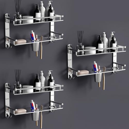 Image of GLOXY Premium Stainless Steel Bathroom Shelf Combo Pack of 3 | Chrome Finish Bathroom Accessories Set with Soap Holder, Toothbrush Holder & Storage Shelves | 4 in 1 Wall Mounted Bathroom Organizer