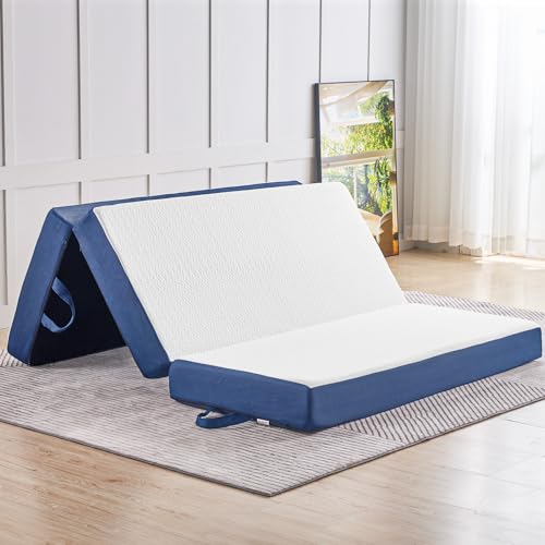 Image of CYMULA Folding Mattress Queen Size,4 inch Memory Foam Tri Portable Trifold Mattress Topper Queen with Breathable & Washable Cover, Foldable Sofa for Camping