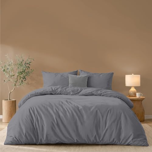 Twinzen Housse De Couette 240x220 cm avec 2 Taies Oreiller 50x70 cm, Anthracite - Parure de Lit 220x240 Adulte en Microfibre - Oeko-Tex
