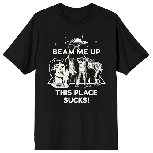 Stranger Things 5 Beam Me Up Scotty This Place Sucks Adult Black Crew Neck Short Sleeve T-Shirt-Large