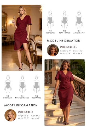 Image of Women's Wrap V Neck Asymmetrical Hem Midi Ruched Cocktail Evening Dress | Back Zipper, Regular Fit, Club Night, Semi Office Formal, Wedding Dinner Date, Flutter Short Sleeve, High Low Irregular Hem