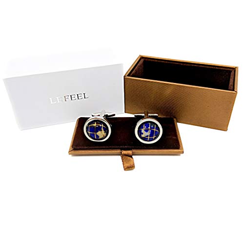 LBFEEL Really Spins Rhodium Plated Blue Globe Earth Cufflinks for Men with a Gift Box4