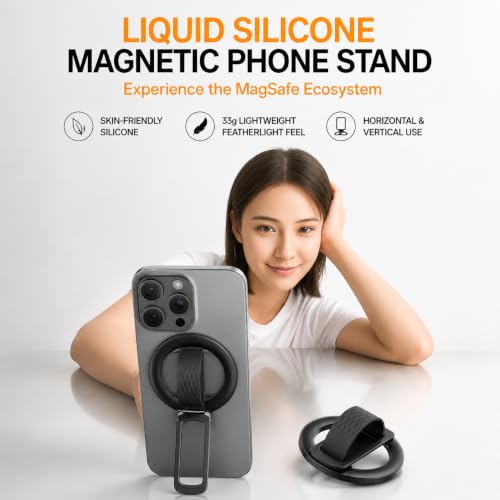 Image of Mizi Magnetic Phone Grip for Mag Safe, Soft Silicone Finger Loop, 180 Adjustable Kickstand, Strong Magnetic Phone Ring Holder, Zinc Alloy Stand for i Phone 18 /17 /16 /15 /14 /13 /12 & Android - Black