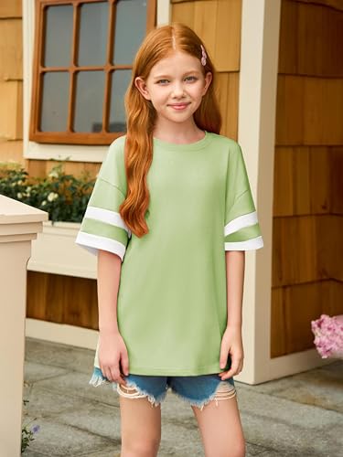 Image of Girls Oversized T Shirts Kids Summer Striped Short Sleeve Tops Casual Crewneck Tees 5-14 Years