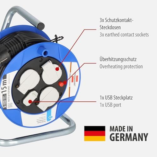 Bild 1 - Brennenstuhl Garant Kompakt Kabeltrommel 3-fach mit USB (Kabeltrommel mit USB-Ladefunktion und 15m Kabel, Made in Germany) blau