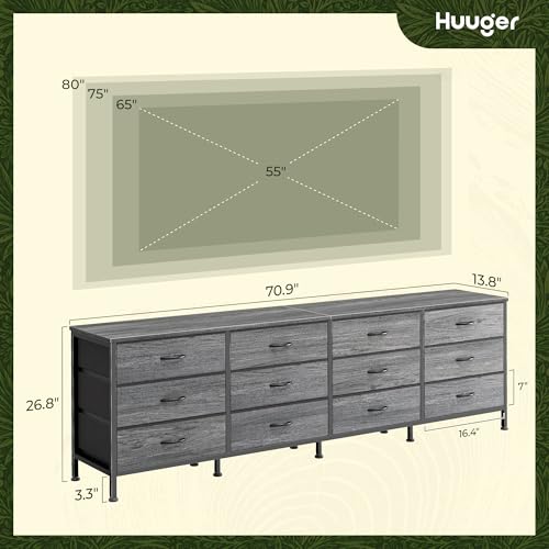 Huuger 70 Inch Dresser for Bedroom, TV Stand for 65, 75, 80 Inch TV, 12 Fabric Drawer Long Dresser, Large Storage Organizer Unit, Wide Chest of Drawer with Storage, for Living Room, Grey