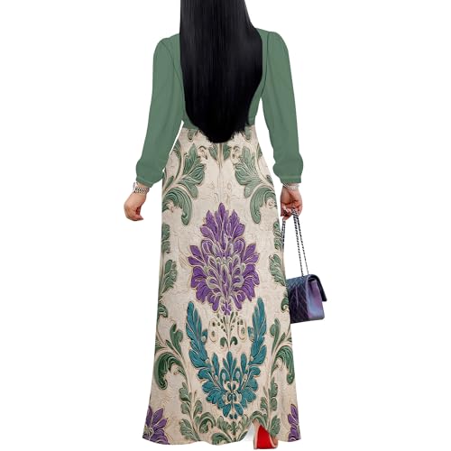 Image of Women's Plus Size Maxi Dresses Long Sleeves V Neck Floral Print Bohemian Swing Long Dress with Belt