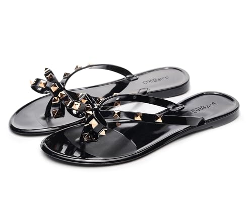 Image of Studded Jelly Shoes for Womens Bow Flip Flops Jellies Sandals Flat Black Summer Beach Thong with Rivets Strappy Slides Slip On
