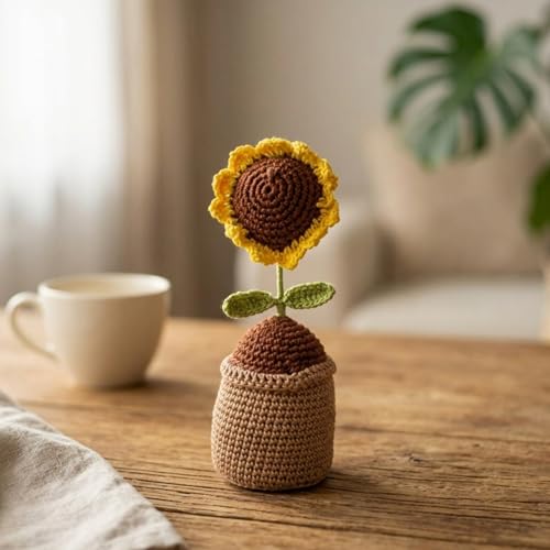 Image of eCraftIndia Brown Artificial Handmade Crochet Sunflower with Pot for Table Decor Car Dashboard Home Office Decoration Item