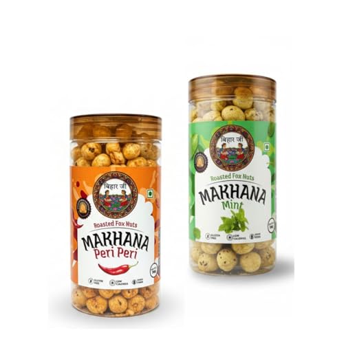 Image of BiharJi Peri Peri and Mint Pudina Makhana Combo Pack Of 2 Each Pack 78g I The Chill & Grill Duo,Roasted Makhana Duo: Chill & Grill (Peri Peri & Mint) | Spicy & Refreshing Mix | Healthy Office Snack | High Fiber Superfood