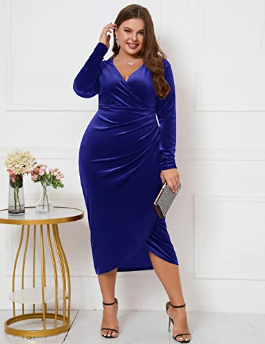 Image of ZOMVA Plus Size Velvet Wrap Dress Ruched Bodycon Dress Long Sleeves Ruffle Long Elegant Party Wedding Guest Cocktail Holiday