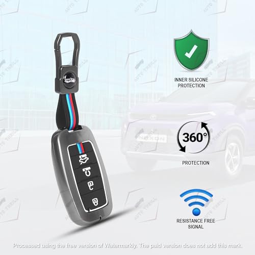 Image of Auto Thrill Premium Metal Key Cover for Kia Seltos, Carens, Sonet - 4 Button Smart Key (Black)