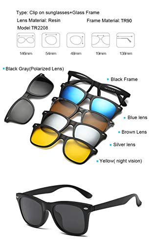 Image of 6 In 1 Polarized Magnetic Clipon Rectangular UV Protected Sunglasses Eye Glasses With 400 Night Vision Men Women Unisex