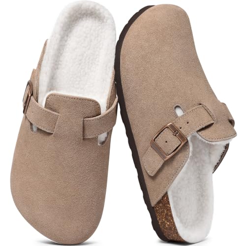 Image of KIDMI Women's Fur Lined Genuine Suede Clogs Fuzzy Cork Footbed Potato Shoes | Adjustable Metal Buckle, Non-slip Rubber Soles, Cushioning, Cozy and Warm, Supportive, Indoor, Outdoor, Winter, Casual