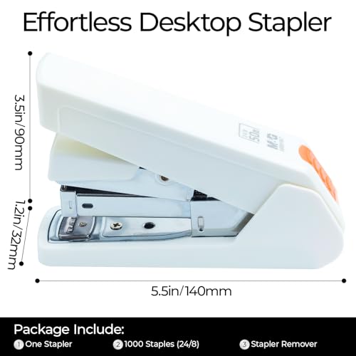 Image of M&G Effortless Stapler 50 Sheet Capacity One-Touch Stapling, Heavy Duty Desktop Stapler Includes 1000 Staples and Remover, Portable Handheld Staplers for Home & Office (White)