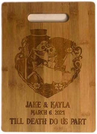 Custom SUGAR SKULL Till Death Do Us Part GOTHIC Couple Bride & Groom Wedding Anniversary Gift Bamboo Cutting Board Engraved Wood Charcuterie Tray Cheese Kitchen Decor