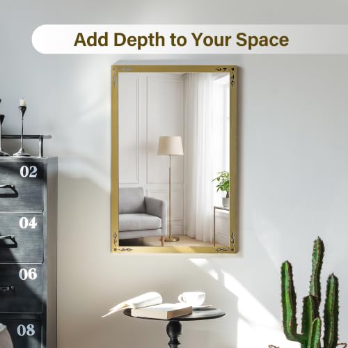 Image of Gold Floral Wall Mirror - 20 x 30 Inch Elegant Vintage Decorative Mirror for Bathroom Vanity Entryway Living Room