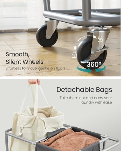 SONGMICS Wäschekorb mit Rollen, 190 l, 2 Abschnitte, rollbarer Wäschekorb mit abnehmbaren Taschen, robuster Stahlrahmen mit Griff… – Ansicht 5