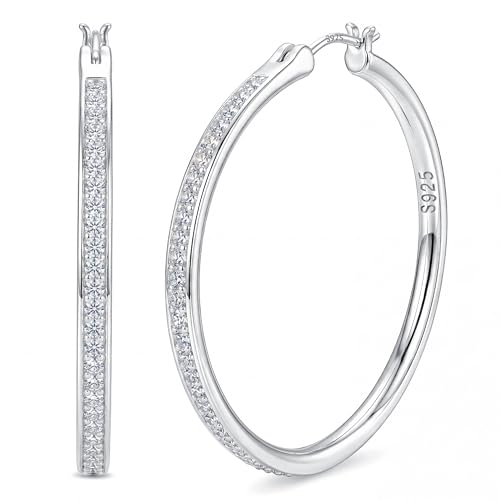 FANCH Pendientes de Aro Plata S925 para Mujeres Niñas Pendientes de Aro Grandes de Zirconia Cúbica Brillante 18K Oo Blanco Chapado Hpoalergénico Ligero Diamante Strass Pendientes de Aros 40mm Plata