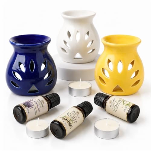 Image of BRAHMZ Ceramic Aroma Diffuser Gift Set of 3 with Lavender, Vanilla & Jasmine Oils | Tea Light Oil Burner | Home Fragrance Aromatherapy Diffuser for Bedroom & Living Room