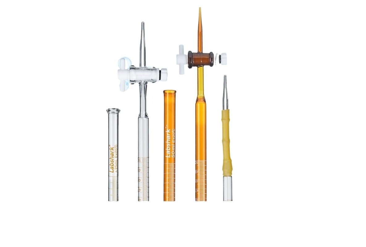 Buretta in Vetro Borosilicato Classe A - 10ml, 25ml, 50ml Precisione per Titolazione, Chiara/Ambrata con Rubinetto in Vetro(Brown PTFE 50mL)
