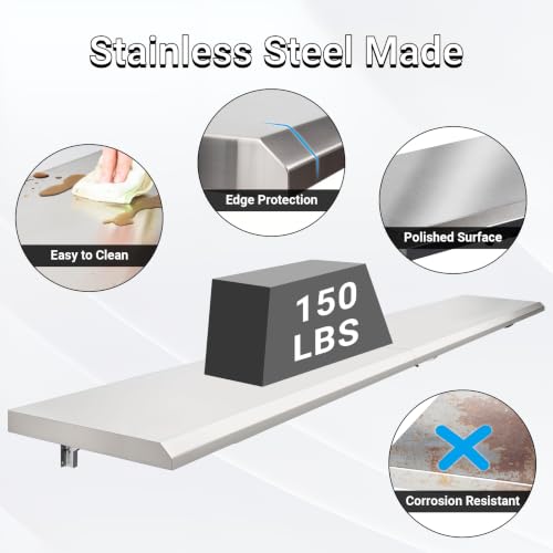 Image of Folding Concession Stand Shelf 18 inch x 96 inch Spliced Style for Kitchen | Stainless Steel Drop Down Serving Food Shelf, Easy to Clean & Space-Saving Concession Shelves for Garage, Food Cart