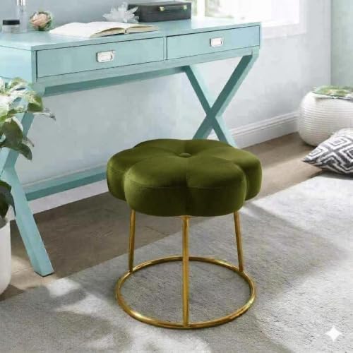 Image of Flower Ottoman Foot Stool for Bedroom and Living Room, Round Makeup Vanity Chair with Metal Legs and Soft Padded Seat-Olive Green