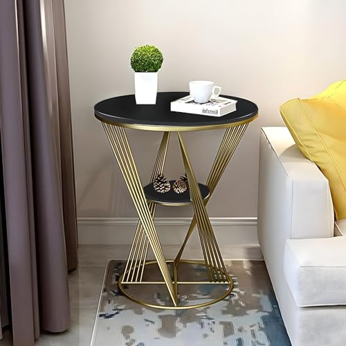 Image of Nutech Decor Luxury Round Metal Coffee Table, Side Table, Bedside End Table, 2 Tier Table, Living Room Nightstand Sofa Table Bedside Table Cross Gold Top Marble (Black)