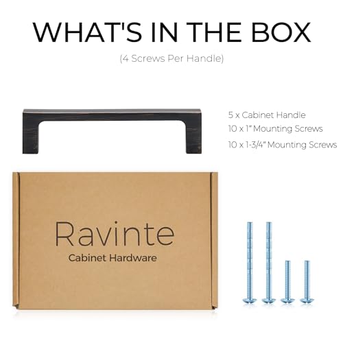 Image of Ravinte Oil Rubbed Bronze Cabinet Handles Kitchen Pulls 4 Inch 5 Pack | Square Design, Solid Zinc, Modern Slim Style, Screws Included, Easy Installation, for Kitchen Drawers & Cupboards