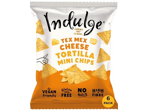 Indulge Tortilla Mini Chips - Tex Mex Cheese Flavour - Gluten Free, Low Salt, Low Fat, Nut Free, Vegan - 20g x 6 bags