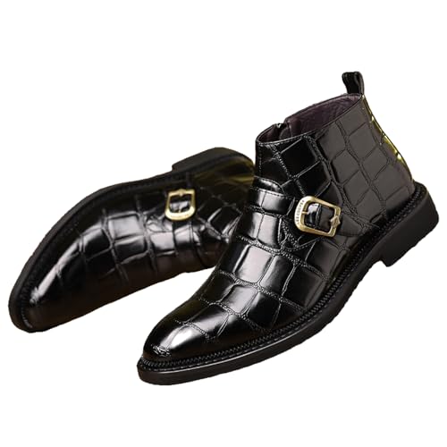 Image of Chelsea Boots for Men's Leather Print Monk Buckle Slip On Dress Boots with Side Zipper Fashion Pointed Toe Buckle Strap Classic Business Chukka Boots for Casual Work Party Oxford Booties
