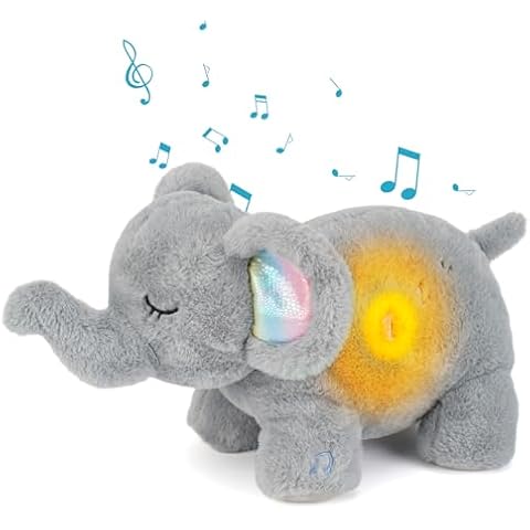 Baby Cry Sensor Soother Sleepy Bedtime Elephant Sleep Soother Sleeping Breathing Stuffed Aanimal for Anxiety White Noise Infant Stuffed Animal Elephant Toy Nursery Decor with Night Light&Nursery Decor Cover