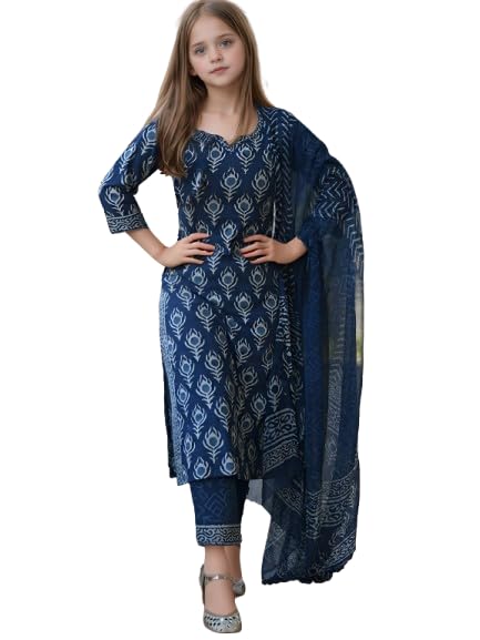 Image of Girls Printed Pure Cotton Kurta Pant with Dupatta in Pink and White