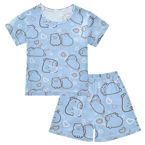 Cute Capybara with Hearts Blue Summer Cute Pajama Sets, Short Sets for Daily Wears and Sleep Wears