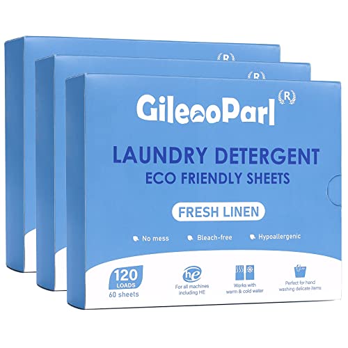 Gileooparl Láminas de detergente ecológicas para ropa, 120 cargas, no tóxicas, no irritantes, hipoalergénicas, tiras ecológicas para pieles sensibles, aroma a lino fresco, biodegradables, ahorro de