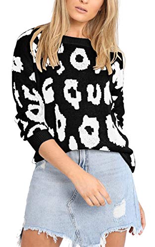 Angashion Women's Causal Long Sleeve Crew Neck Leopard Print Knitted Pullover Sweater Tops Black S