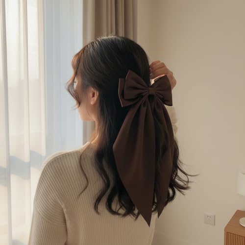 Moño grande de satén marrón con clip para cabello miniatura 5