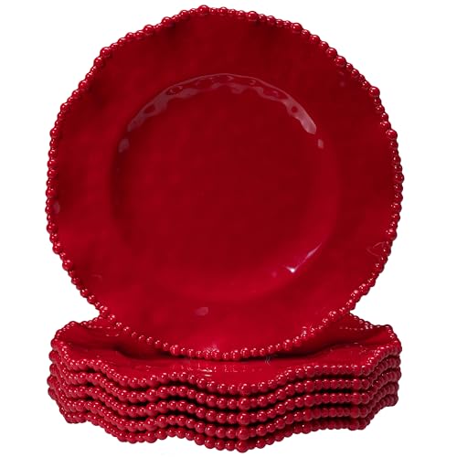 ZAROCRUS Christmas Red 11 Inch Holiday Melamine Dinner Plates,Set of 6, Beaded design Kitchen Plates, Shatterproof Serving Plate for Holiday Meals,Party,Festive Tableware for Indoor & Outdoor Use