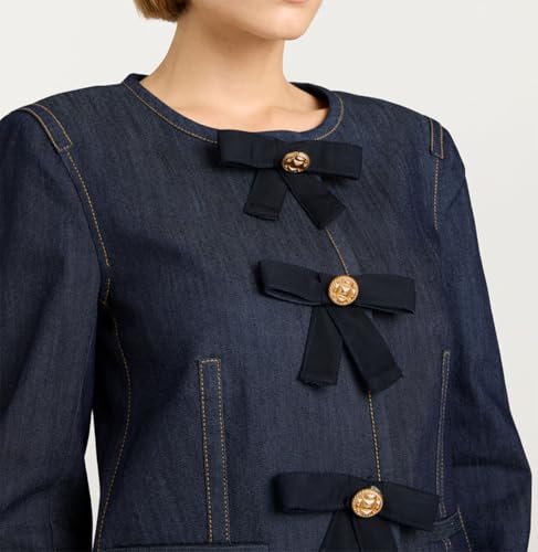 Women's Long Sleeve Cropped Collarless Jean Jacket Button Down Casul Slim Fit Y2k Bow Short Denim Jackets2