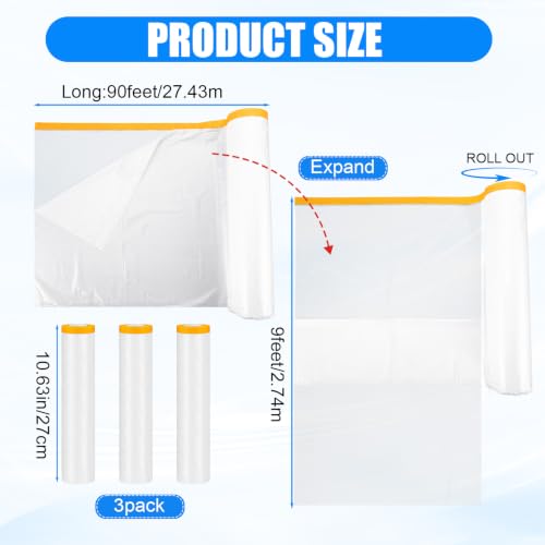 Image of Seajan 3 Roll Painters Plastic with Tape Pre Taped Masking Film for Painting Automotive Paint Adhesive Protective Film Masking Tape Roll Plastic Painting Covering (White,9 x 90 ft)
