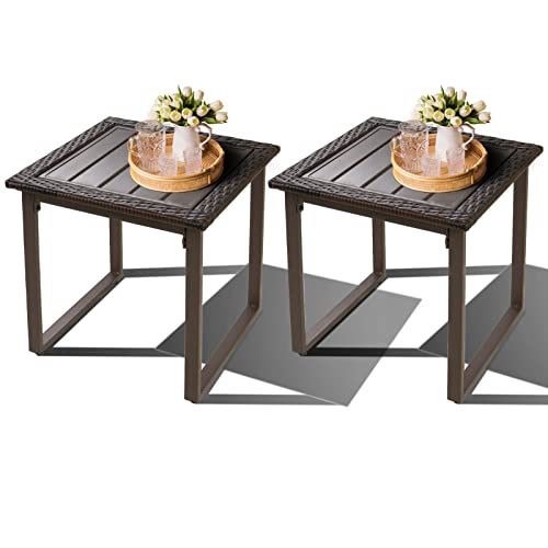 FYRICKYLINOO Wicker Outdoor Side Table for Patio Set of 2 2 PCS Square Rattan Outdoor End Tables for Outside Porch Lawn Garden Balcony Pool Bistro Brown
