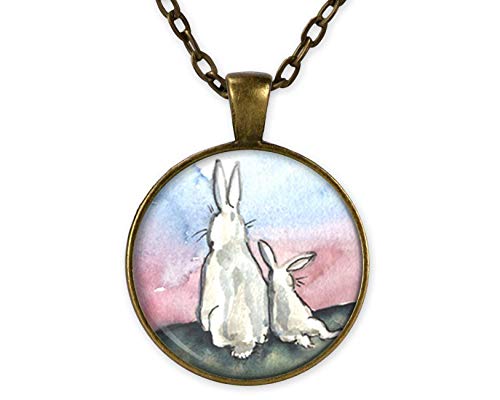 1 inch round Mother Rabbit and Baby Bunny Pendant with 24 inch necklace