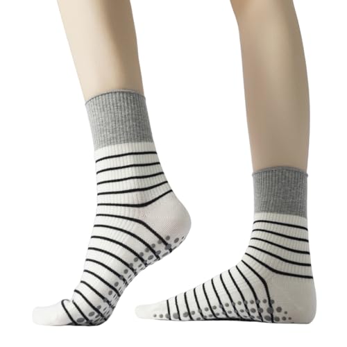 Image of Verdancy Yoga Pilates Socks with Grips for Women Non Slip Striped Cushioned Crew Socks for Barre Ballet Dance