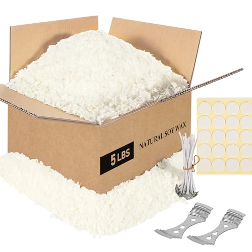 SAEUYVB Soy Candle Wax for Candle Making - Natural Soy Wax Flakes 5 lbs Bag, 20 Cotton Candle Wicks...