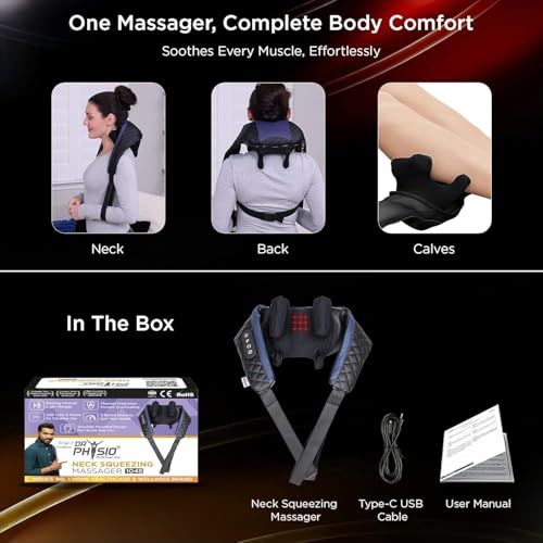 Image of Dr Physio USA 1048 Shiatsu Electric Neck and Back Massager Machine with Infrared Kneading Nodes for Cervical Neck, Shoulder, Back & Body Muscle Pain Relief