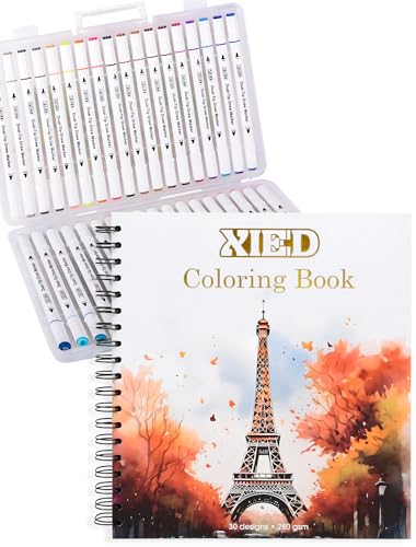 XIEED 【Stress Free Adult Coloring Book with Markers】 36 Colors Alcohol Markers & Coloring Book for Adults to Relax and Relieve Anxiety, Included 30 Themes Designs