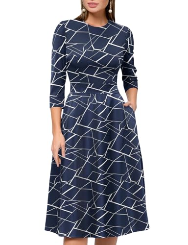 Image of Simple Flavor Womens Floral Vintage Midi Dress 3 /4 Sleeve | with pockets, Fit and flare aline, Knee-length, Church, Semi-formal, Wedding guest, Retro tea party & derby outfits
