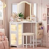 LVSOMT Corner Makeup Vanity Desk with Mirror and Lights, 44" Dressing Table with Charging Station, Makeup Table with Stool, Storage Cabinet and Adjustable Shelf, Bedroom Vanity for Girls Women, White