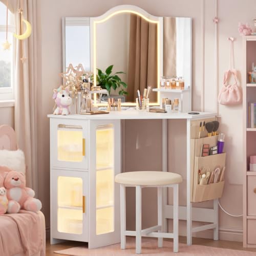 LVSOMT Corner Makeup Vanity Desk with Mirror and Lights 44 Dressing Table with Charging Station Makeup Table with Stool Storage Cabinet and Adjustable Shelf Bedroom Vanity for Girls Women White